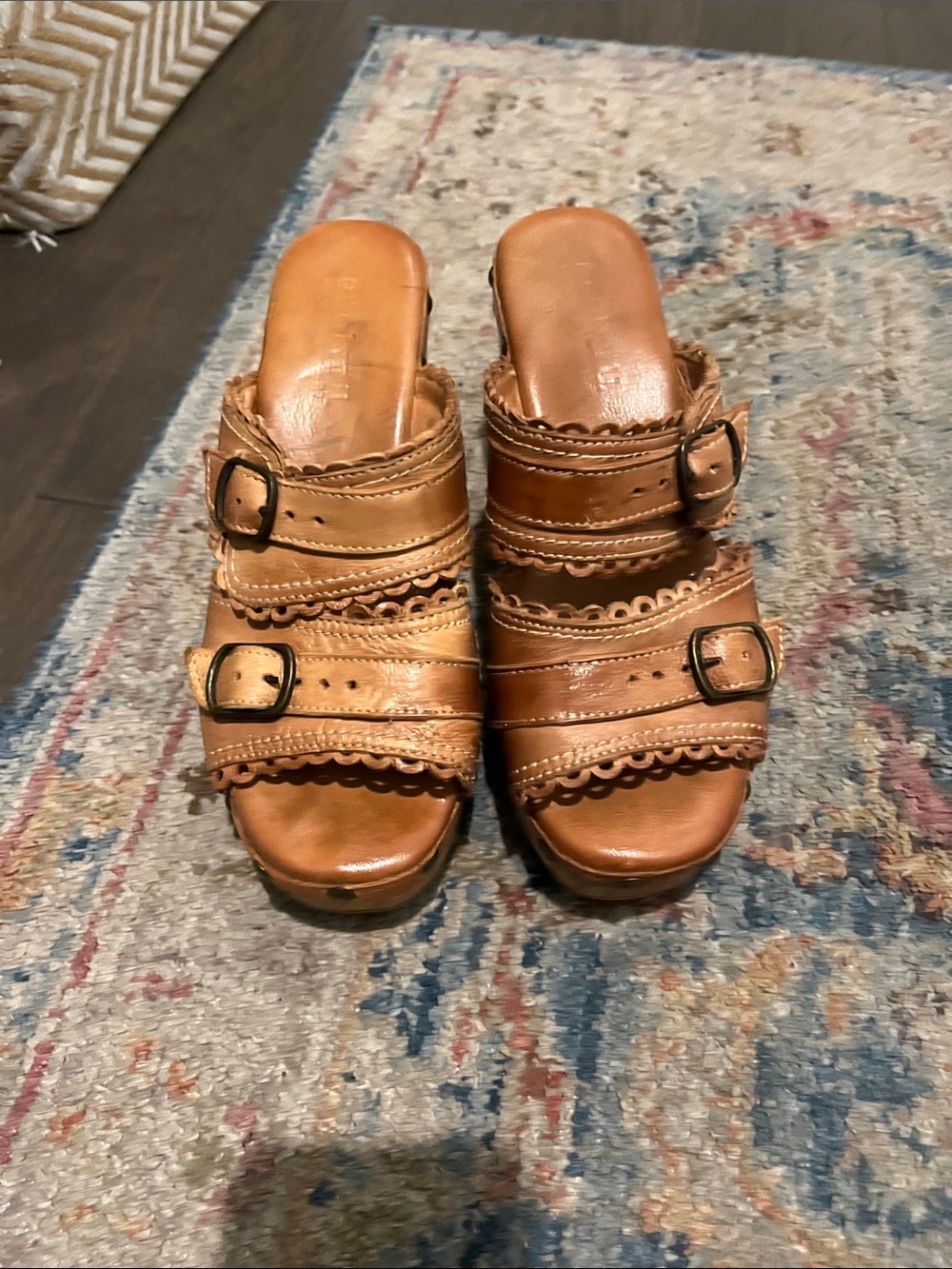 Bed Stu Tan Leather Buckle Mules with Scalloped Straps